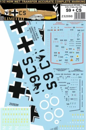 Lage Kosten Decal Messerschmitt Bf-109E-7 TROP S9+CS - 1/32 Suitable for Dragon