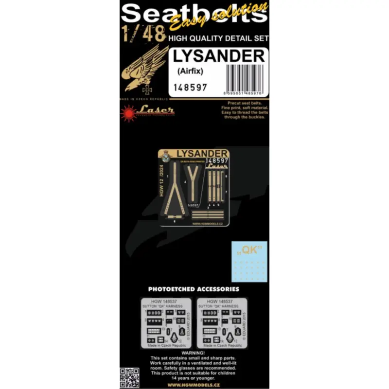 Westland LYSANDER Mk.I/Mk.III - SEATBELTS Harnesses designed for Lysander produced by Airfix in 1/48 scale. Belts are made from Koop Vandaag