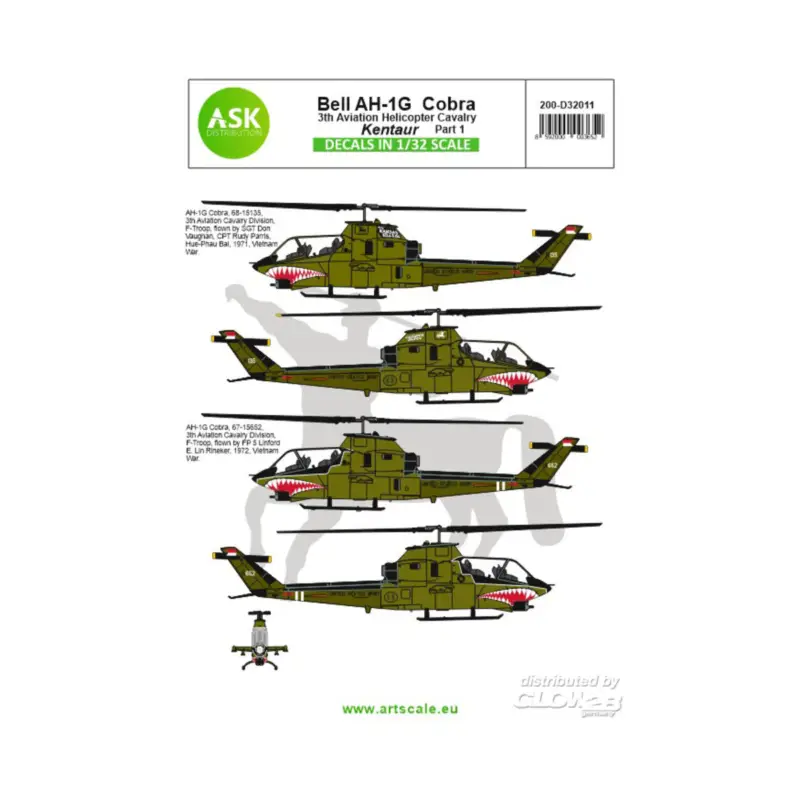 Decal Bell AH-1G Cobra Kentaur 3th Aviation helicopter cavalry part 1 Nieuw
