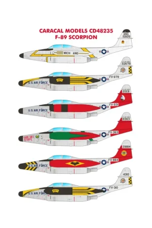 Decal F-89 ScorpionMultiple marking options for USAF cold-war era F-89 Scorpion jet fighters. Favoriet