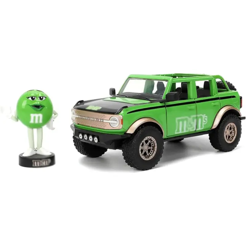 Snelle Levering 1:24 ford bronco w/m&m's green figure green hollywood rides 2021 Miniatuur