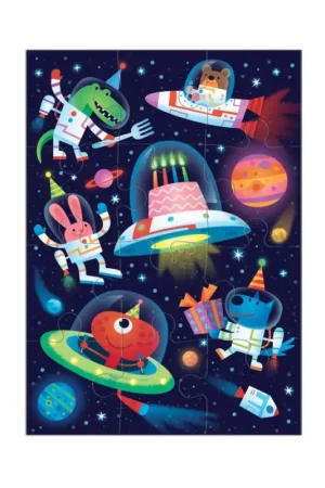 Uitverkoop Mudpuppy Puzzle: COSMIC PARTY wenskaart 13x18cm, 12 stukjes, 3+