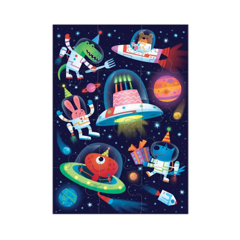Uitverkoop Mudpuppy Puzzle: COSMIC PARTY wenskaart 13x18cm, 12 stukjes, 3+