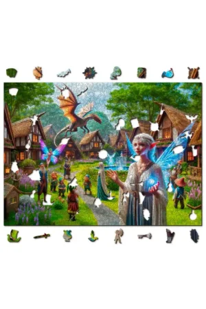 Lage Kosten Houten Stadspuzzel: Fantasy Village 1010/100 54x39,4cm, houten, doos 21x21x8,5cm, 14+