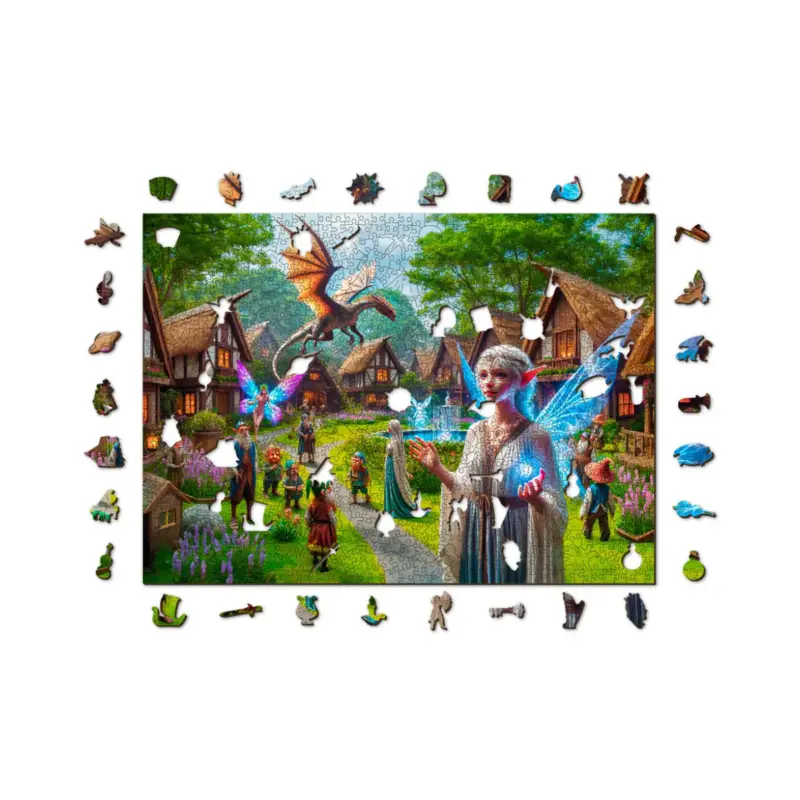 Lage Kosten Houten Stadspuzzel: Fantasy Village 1010/100 54x39,4cm, houten, doos 21x21x8,5cm, 14+