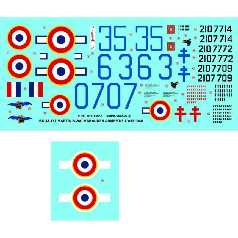 Bestseller Decal Martin B-26C-45-MO Marauder in French service: 42-107714 code 35 ‘Bretagne’, 42-107772 code 63 ‘Gascogne’, 42-107709 code
