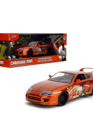 Betaalbaar Toyota supra w/chainsaw man figure orange hollywood rides 1995 1/24 Miniatuur