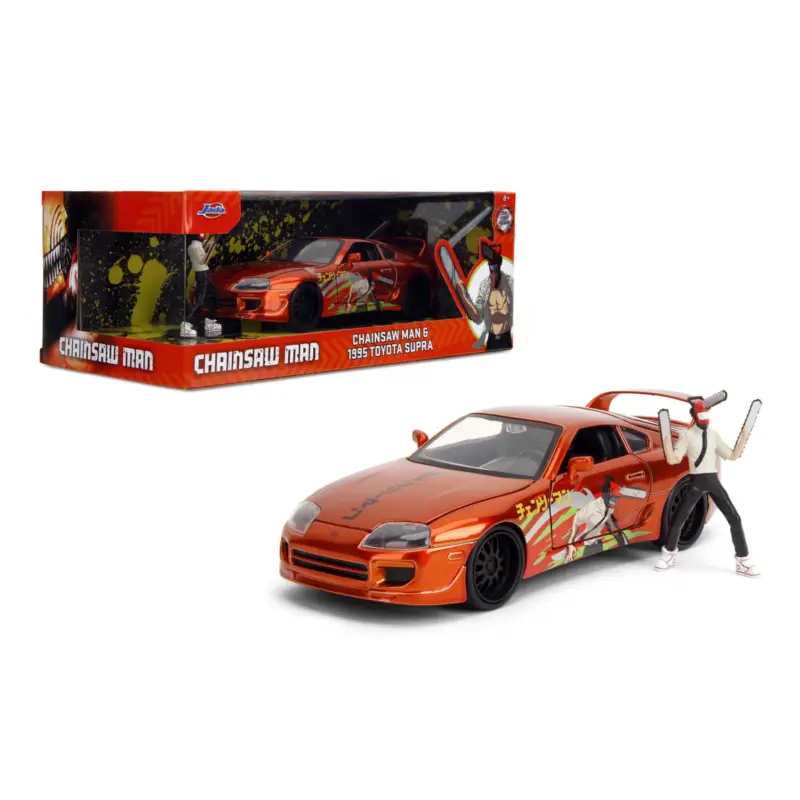 Betaalbaar Toyota supra w/chainsaw man figure orange hollywood rides 1995 1/24 Miniatuur