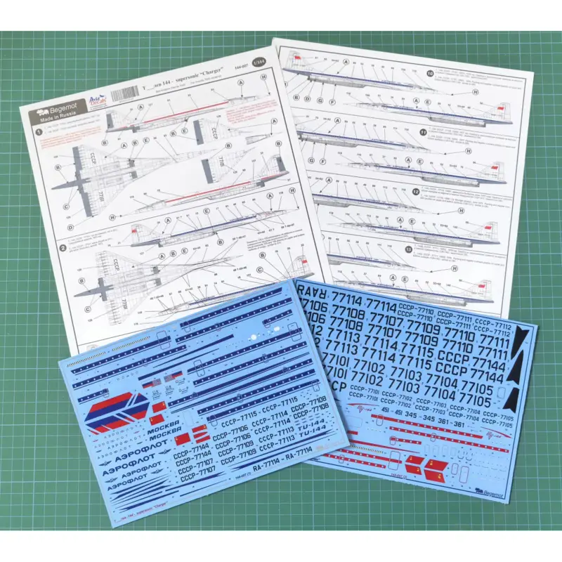 Tupolev Tu-144 Supersonic ChargerDecal with 18 markingы variation T-144 - all known for all known T-144 aircrfats. Also included Direct Verzonden