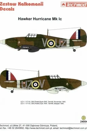 Populair Sticker Hawker Hurricane Mk.I (1) V7118 UZ-V 306 (Polish) Squadron 1940 Decal