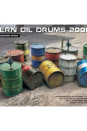 Premium BRANDSTOF- EN OLIEDRUMS Modern Box bevat 12 modellen brandstof- en olievaten.Decal sheet is inbegrepen