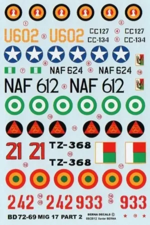 Sticker African Air Forces Mikoyan MiG-17 Part 2 : MiG-17F 242 & 933 Madagascar, MiG-17F TZ-368 Mali, MiG-17 21 Mozambique, Mi Populair