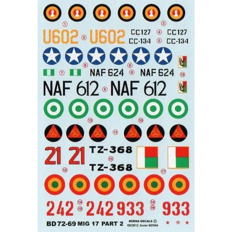 Sticker African Air Forces Mikoyan MiG-17 Part 2 : MiG-17F 242 & 933 Madagascar, MiG-17F TZ-368 Mali, MiG-17 21 Mozambique, Mi Populair