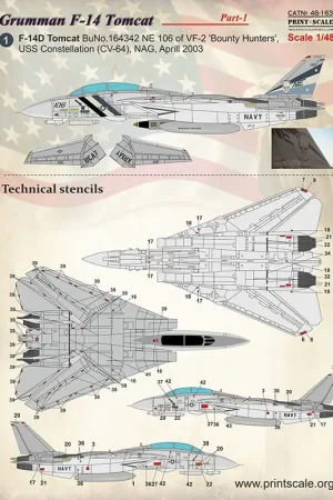 Sticker Grumman F-14D Tomcat Deel 1 1. F-14D Tomcat BuNo.164342 NE 106 van VF-2 'Bounty Hunters', USS Constellation (CV-64), NAG Actieprijs