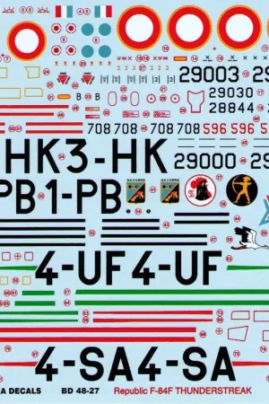 Sticker Herdrukt!Republiek F-84F Thunderstreak in Franse dienst (4) 24444 1-PB EC 3/1 Argonne 1956;29030 3-HK EC 1/3 Navarre S Premium