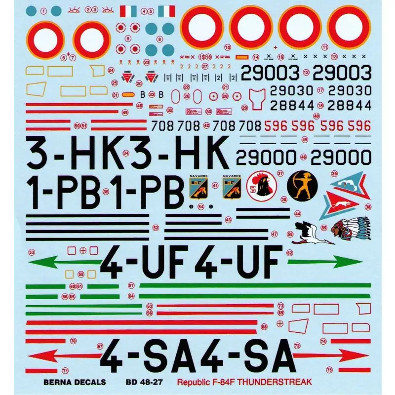 Sticker Herdrukt!Republiek F-84F Thunderstreak in Franse dienst (4) 24444 1-PB EC 3/1 Argonne 1956;29030 3-HK EC 1/3 Navarre S Premium