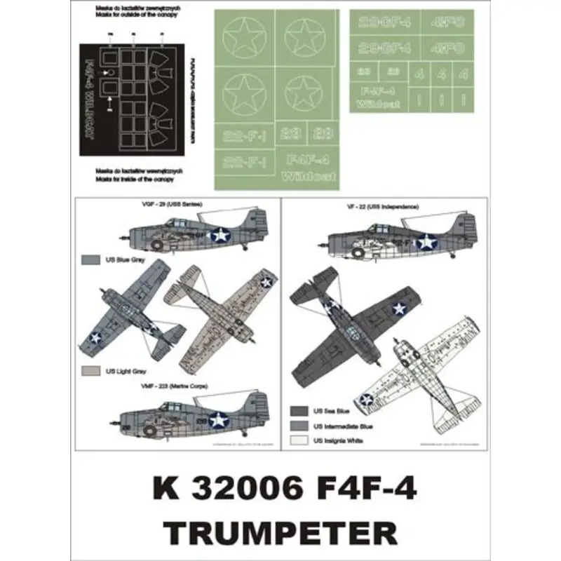 Snelle Levering Grumman F4F-4 Wildcat (USN) 2 canopy mask (exterior and interior) + 2 insignia masks (designed to Be Farming with Trumpeter kits