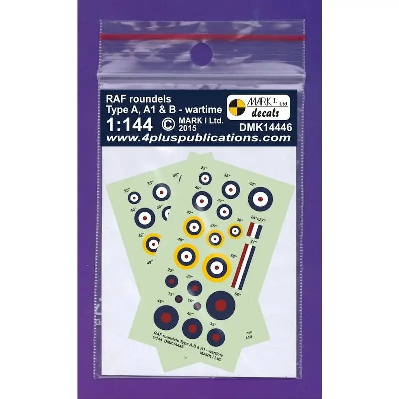 Sticker RAF WWII roundels Type A, A1, B, 2 sets Type A: 25,30,35,40,48, Type A1: 30,35,42,49,56, Type B: 15,16,25,30,35,40,48, Uitverkoop