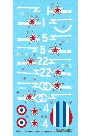 Sticker Yakovlev Yak-3 Normandie-Niemen: n∞ 1 Cne Marcel Albert 20/06/1945, n∞ 5 S / Lt Roger Sauvage 20/06/1945, n∞ 22 Asp.Pie Rechtstreeks Van De Fabrikant