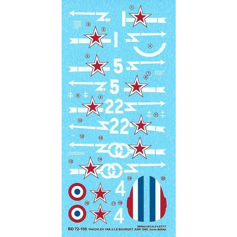 Sticker Yakovlev Yak-3 Normandie-Niemen: n∞ 1 Cne Marcel Albert 20/06/1945, n∞ 5 S / Lt Roger Sauvage 20/06/1945, n∞ 22 Asp.Pie Rechtstreeks Van De Fabrikant