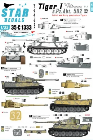 Pz.Kpfw.VI Tiger I sPzAbt 502 1. Eerste / vroege productie Tigers 1942-43. Decal Actieprijs