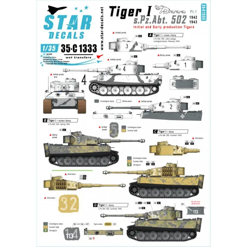 Pz.Kpfw.VI Tiger I sPzAbt 502 1. Eerste / vroege productie Tigers 1942-43. Decal Actieprijs