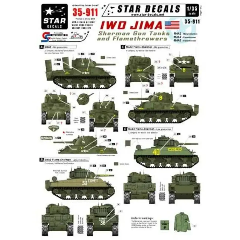 Iwo Jima.Sherman Gun en Flame tanks.M4A2 Mid productie, M4A2 Vlam tank, M4A3 Flame tank. Bestseller