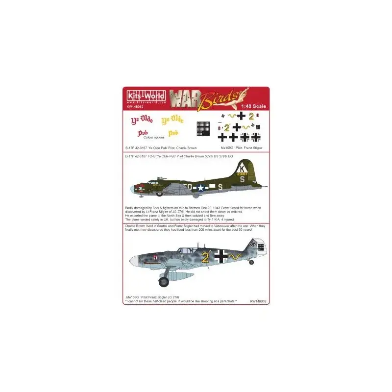 Sticker Boeing B-17F Flying Fortress Ye Olde Pub 42-3167 FO-S - Franz Stigler ME109 JG/27/6 Direct Beschikbaar