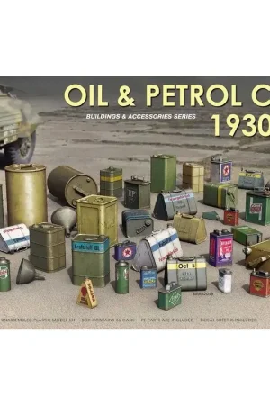 Olie- en benzineblikken uit de jaren 1930-40.De set bevat plastic modellen van olie- en benzineblikjes 1930-40sdoos bevat 36 bl Voordeelprijs