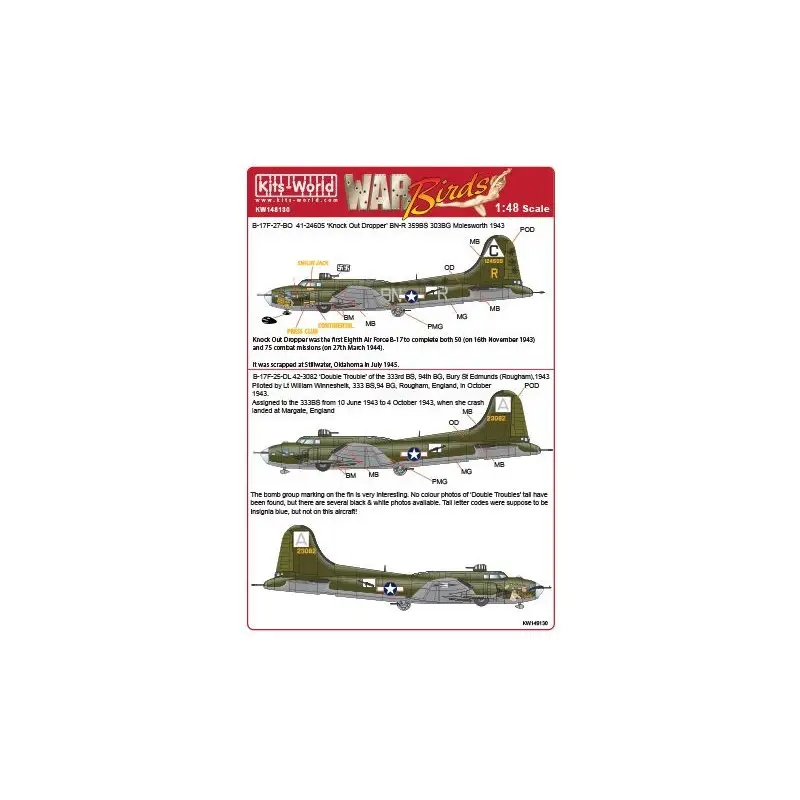 Meest Verkocht Sticker Boeing B-17F-27-BO Flying Fortress 41-24605 'Knockout Dropper' 359th BS 303rd BG (BN-R) - B-17F-25-DL 42-3082 'Double Tr
