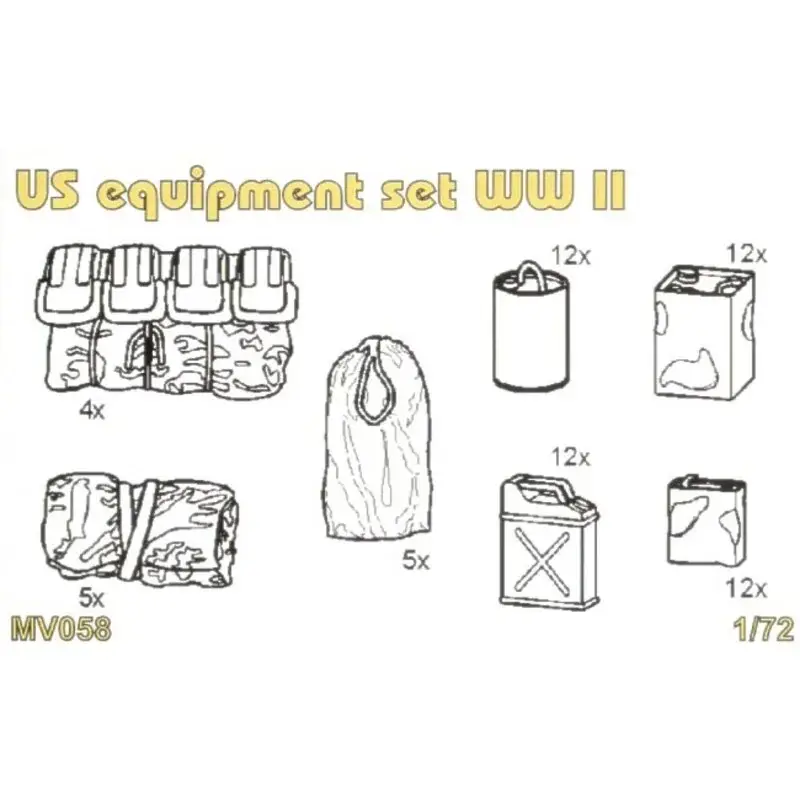 US equipment set WWII Set contains detailed US equipment set WWII jerry cans oil cans sleep bags celt canvas. 62 pcs. Nieuw