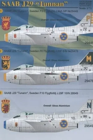 Sticker Saab J-29 'Tunnan' (9) Sweden No 29448 3/P F2 Sqn; No 29478 6/M F6 Sqn; 29549 10/N F10 Sqn; 29920 21/E F21 Sqn; 29438 9/ Speciale Aanbieding