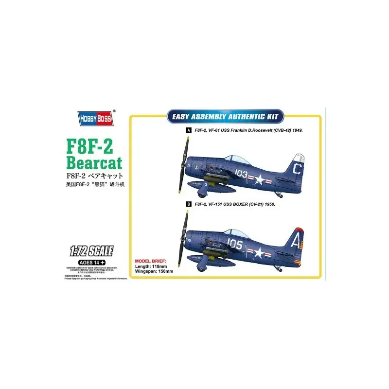 Kunststof modelvliegtuig F8F-2 Bearcat 1:72 Schaalmodel Nieuw
