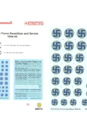 Bestseller Sticker Finnish Air Force Swastika National Insignia. 7 sizes on grey backgrounds 1944-45 plus 2 sheets of Finnish Serial Letter