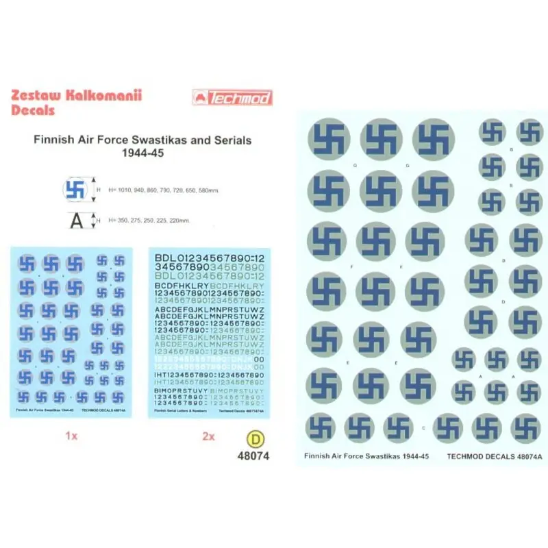 Bestseller Sticker Finnish Air Force Swastika National Insignia. 7 sizes on grey backgrounds 1944-45 plus 2 sheets of Finnish Serial Letter