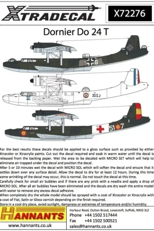 Sticker Dornier Do-24T (4) Luftwaffe J9 + G Seenotstaffel 7 Middellandse-Zeegebied 1944; Spanje 51-7 Rode Kruis RLM72 / 73/65; Z Hoge Kwaliteit