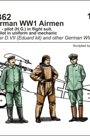 Favoriet Duitse WOI vliegers - piloot (HG) in vluchtpak, piloot in uniform en monteur.Een trio staande figuren, twee officieren en een m