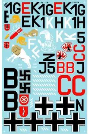 Sticker Heinkel He-111P (5) 1G + EK van 1 / KG 27 Boelcke Polen 1939; G1 + KH 1 / KG 55 met witte buffel op romp; 5J + CN van 5 Op = Op