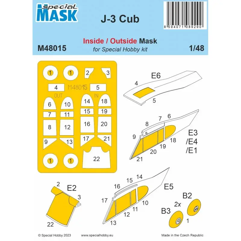 Piper J-3 Cub Pre-cut paint mask for both the inside and outside of Specia Hobby‘s J-3 Cub glazing and also for the undercarriag Koopje