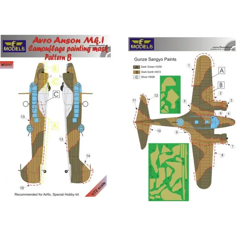 Avro Anson Mk.I. Patroon B camouflagepatroon verfmaskers (ontworpen voor gebruik met Airfix en Special Hobby kits) Bestseller