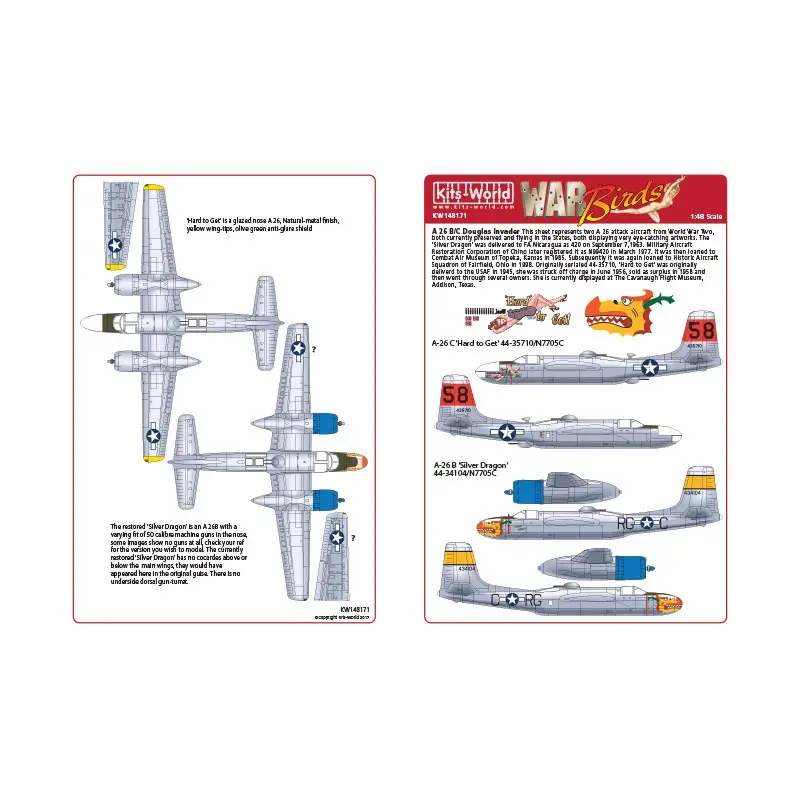 Sticker Douglas A-26C Douglas invader 'Hard to Get' 44-35710/N7705C.A-26B Douglas invader 'Silver Dragon '44-34104/N7705C. Snelle Levering