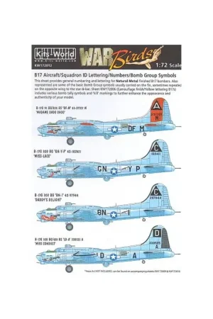 Sticker Boeing B-17F/B-17G Flying Fortress Aircraft ID/eskader ID belettering zwart-wit/nummers zwart/bom groep symbolen. Fabrieksprijs