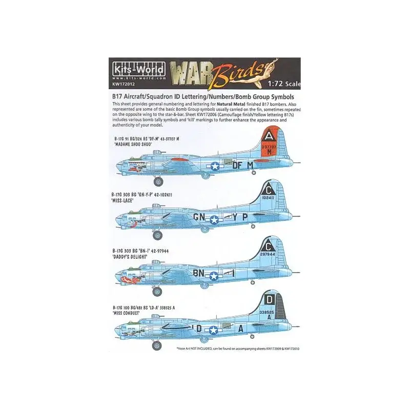 Sticker Boeing B-17F/B-17G Flying Fortress Aircraft ID/eskader ID belettering zwart-wit/nummers zwart/bom groep symbolen. Fabrieksprijs