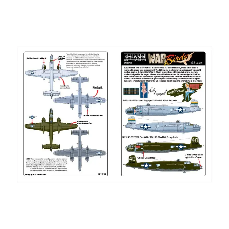 Sticker Noord-Amerikaanse B-25J Mitchell 43-27642 'She's Engaged' 380th BS, 301st BG. B-25J 43-3922 'Oh Dee Whiz' 12e BG 82e BS. Hoge Kwaliteit
