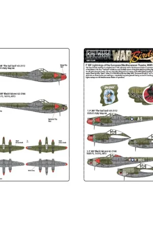 Sticker Lockheed P-38 Lightnings - Early War.P-38F 'The Sad Sack' 43-2112 95th FS Italië mei 1944.P-38F 'Black Falcons' 42-2166 Beste Prijs