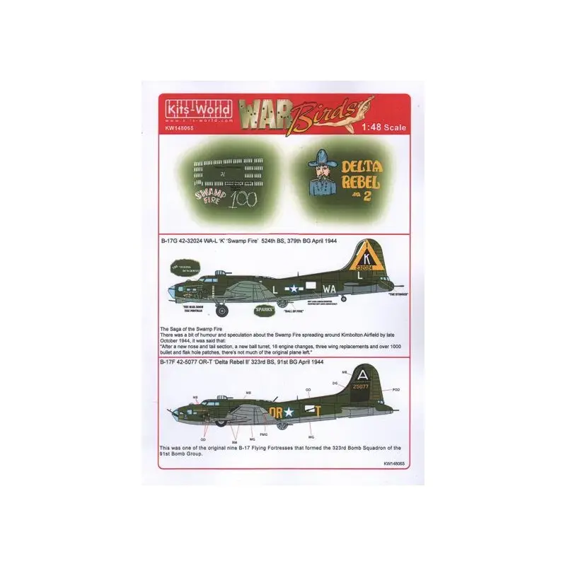 Koopje Sticker Boeing B-17G Flying Fortress 42-32024 WA-L 'K' 'Swamp Fire' 379th BG, 524th BS - B-17F 42-5077 OR-T 'Delta Rebel II' 323
