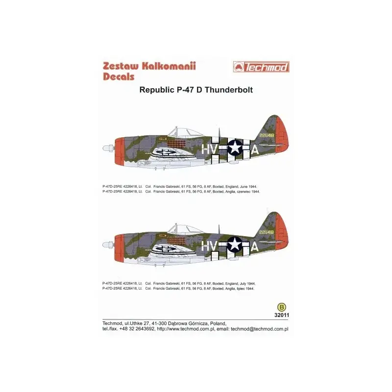 Sticker Opnieuw uitgebracht en bijgewerkt! Republic P-47D Thunderbolt 'Bubbletop' (2) 2 versies van 226418 HV-A 61 FS/56 FG Col Populair