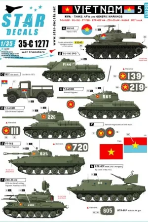 Vietnam 5. NVA Noord-Vietnamese tanks en AFV's markeringen. T-34/85M, SU-100, BTR-50P (AA), PT-76B, ZSU-23-4M SPAAG, M41A3 Walke Dagaanbieding