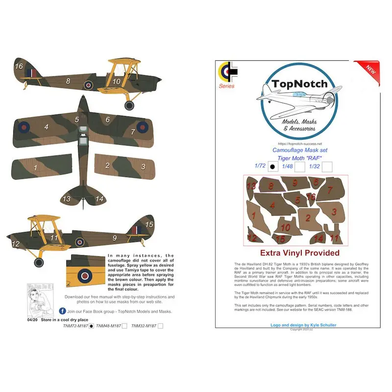 de Havilland Tiger Moth RAF camouflagepatroon verfmasker (ontworpen voor gebruik met Airfix kits) Bestel Nu