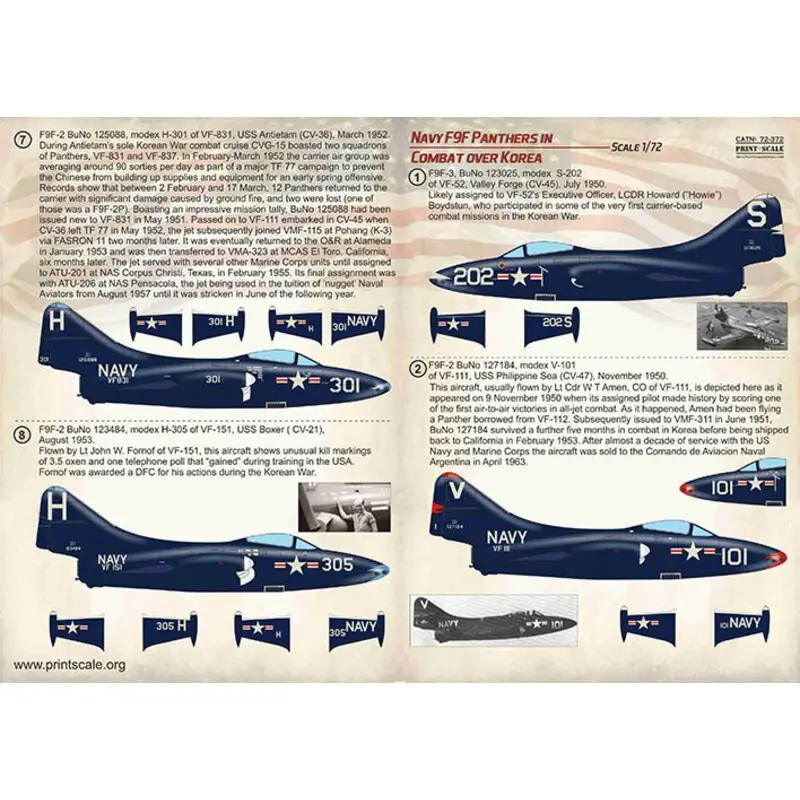 Sticker Navy Grumman F9F-2 / F9F-3 Panthers in Combat over Korea / 72-372 / 1. F9F-3, BuNo 123025, modex S-202 van VF-52, Valle Koopje
